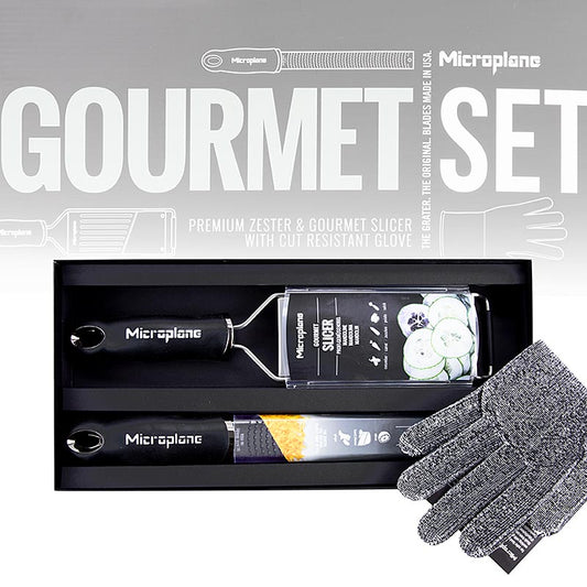 Microplane presentpaket "Gourmet-Set", rivjärn + skärjärn + handskydd, 3 st