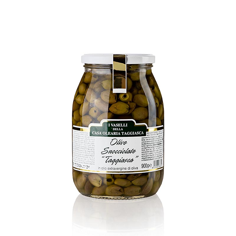 Svarta oliver "Snocciolate", i olivolja, urkärnade, Taggiasca, 950 g