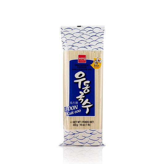 Udon – vetepasta, ljus, platt, 2 mm, 21 cm lång, Wang, Korea, 453 g