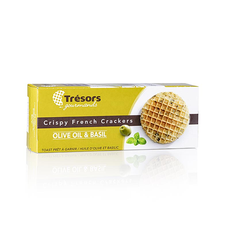 Barsnack Tresors – Krispiga franska mini-våffelkex med olivolja och basilika, 95 g