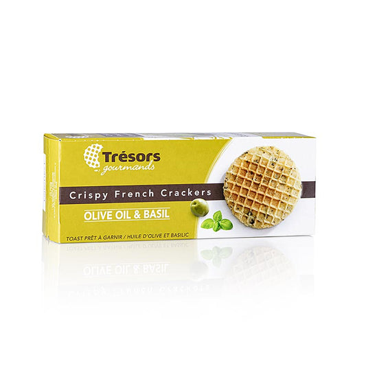 Barsnack Tresors – Krispiga franska mini-våffelkex med olivolja och basilika, 95 g