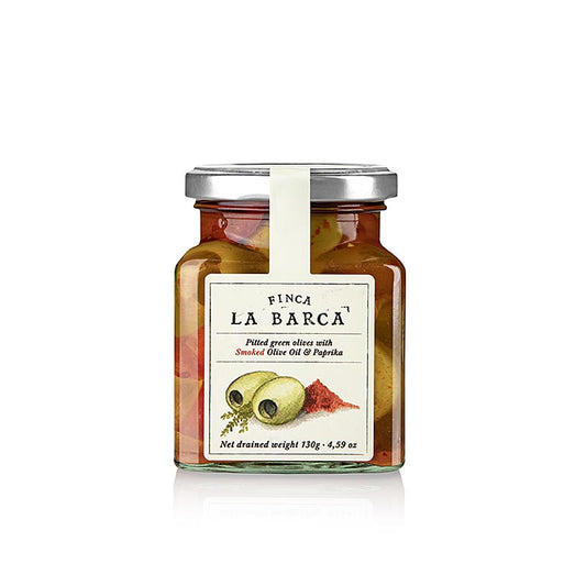 Gröna oliver, urkärnade, med rökt paprika, Finca La Barca, 130 g