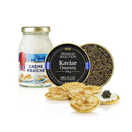 Bos Kaviar-Knüller-Set (125 g Ossetra-kaviar, 16 blinis, 170 g, 652 g, 3 tlg.