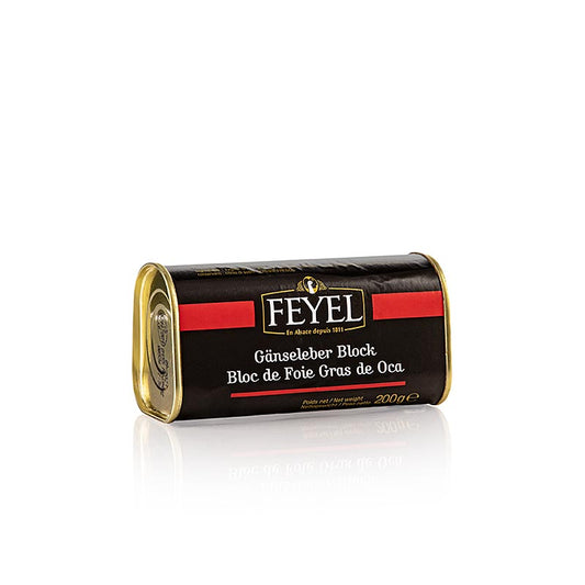 Gåsleverblock, Foie Gras, trapezformad burk, Feyel, 200 g