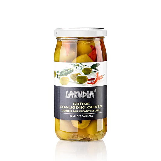 Gröna oliver "Chalkidiki", urkärnade, med chili, Lakudia, 355 g