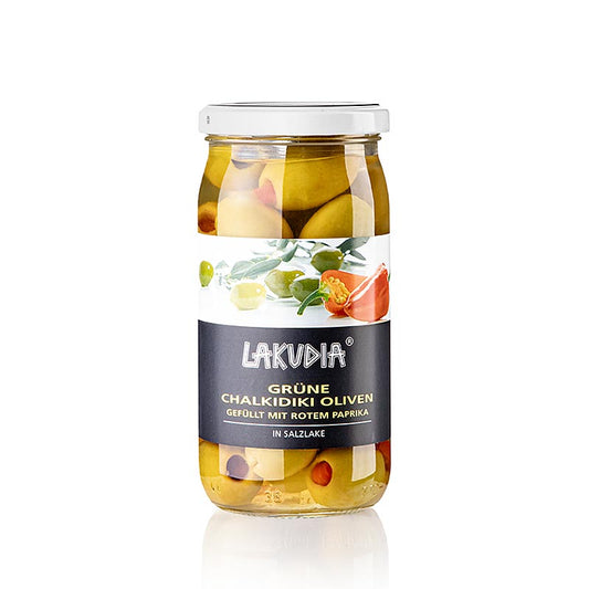 Gröna oliver "Chalkidiki", urkärnade, med paprika, Lakudia, 355 g
