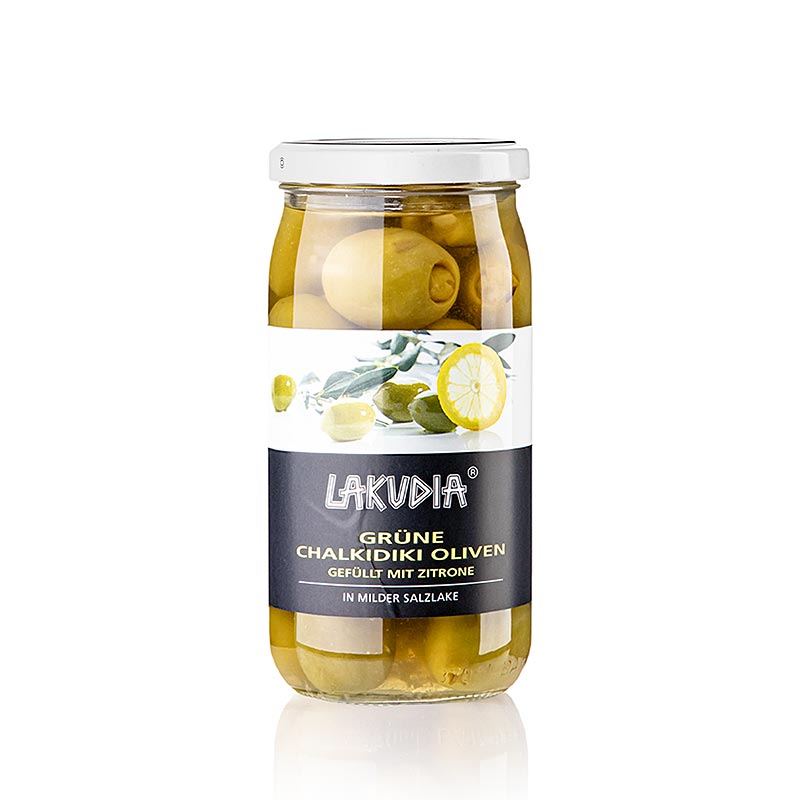 Gröna oliver "Chalkidiki", urkärnade, med citron, Lakudia, 355 g