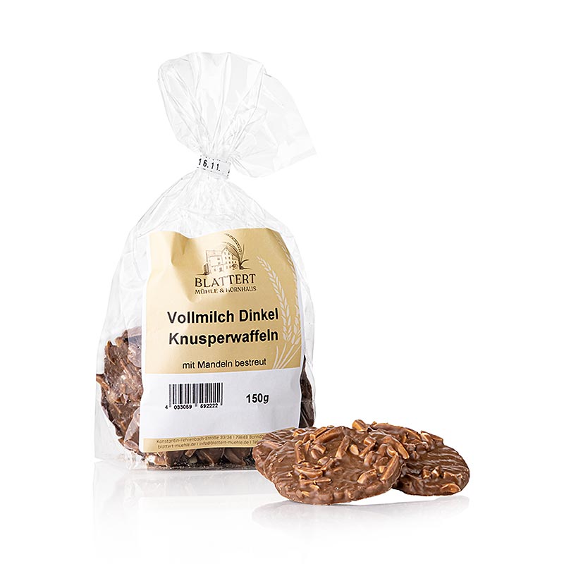 Blattert Mühle speltvåfflor med mandelflarn i mjölkchoklad, 150 g