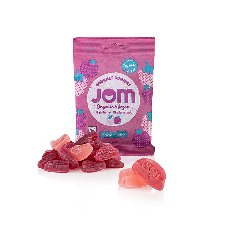 JOM - Hallon- och svartvinbärsgummibonbons (fruktgummi), veganska, ekologiska, 70 g