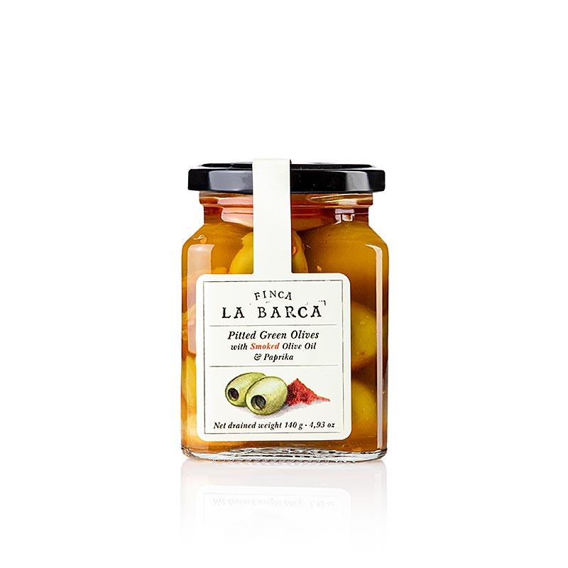 Gröna oliver, urkärnade, med rökt paprika, Finca La Barca, 140 g